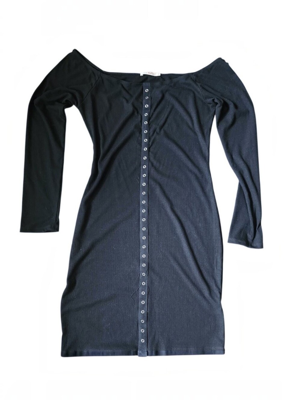 Off-Shoulder Black Long Sleeve Ribbed Button-Front Dress
